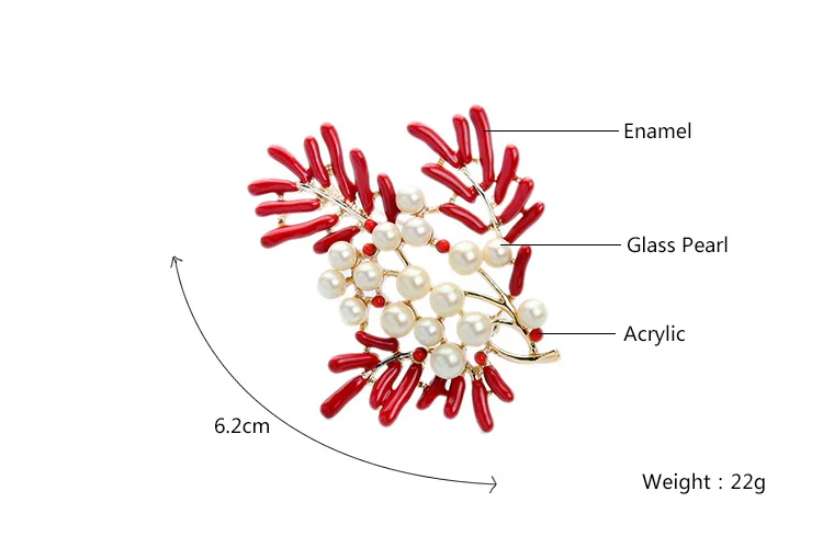 Красный коралл булавка жемчужная брошь эмаль создан жемчуг красный разветвленный золотой цвет дамы шикарный пальто булавки аксессуары