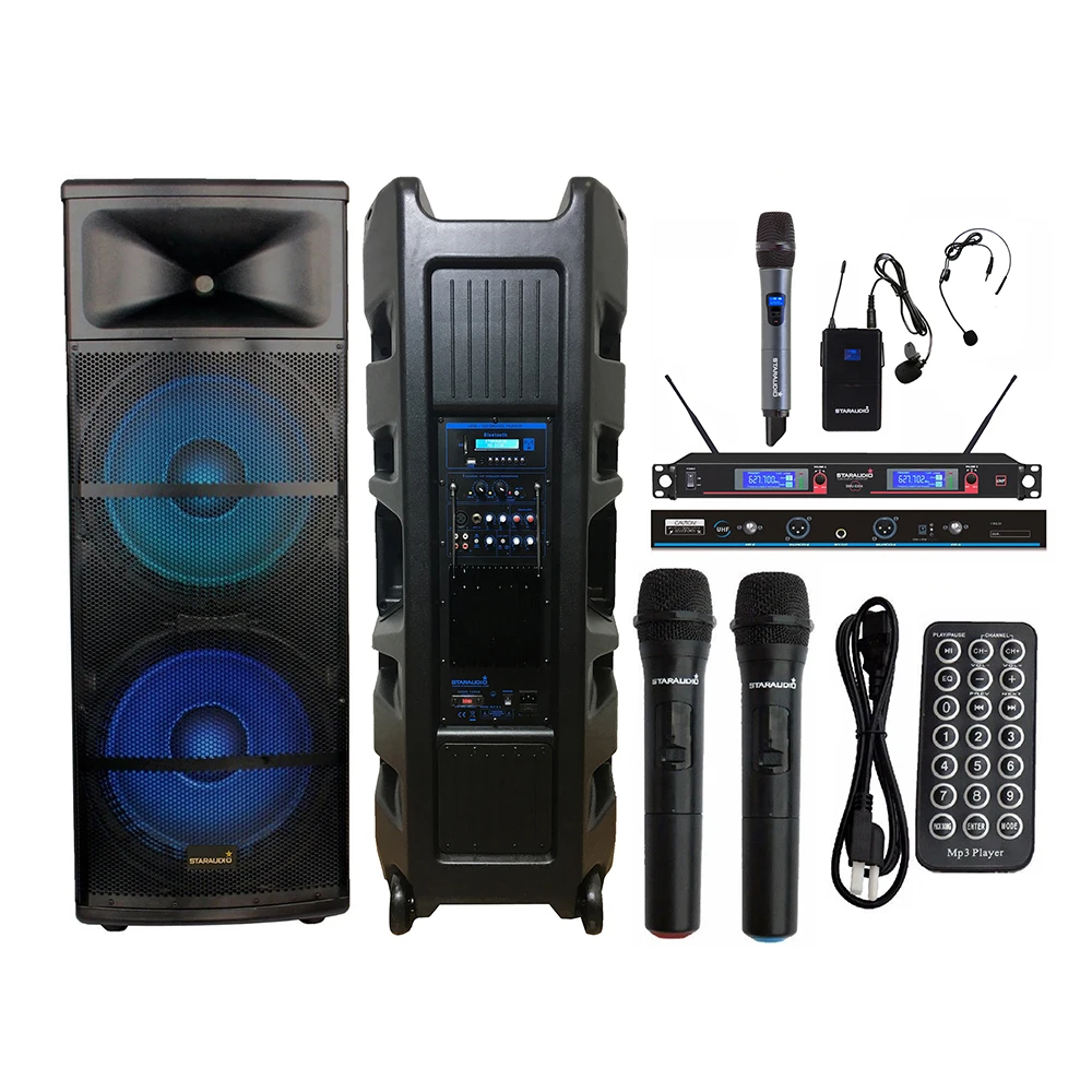 

STARAUDIO Dual 15" 5000W Powered Active RGB Light Speaker Disco PA DJ Speaker 2CH UHF Wireless Handheld Headset Mic SDMN-15RGB