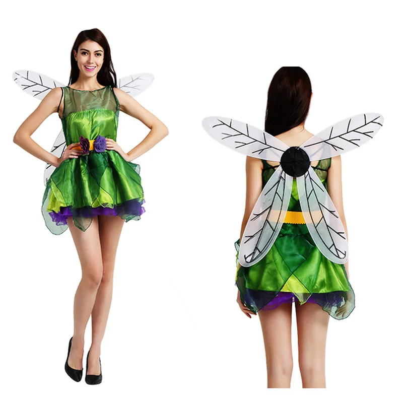

adult green flower fairy tinker bell Elf dress costume wing set halloween costume party dress and wing set