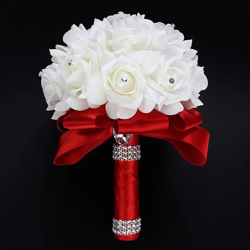 

perfectlifeoh Beautiful White Ivory Bridal Bridesmaid Flower Wedding Bouquet Artificial Flower Rose Bouquet Crystal Bridal Bouqu