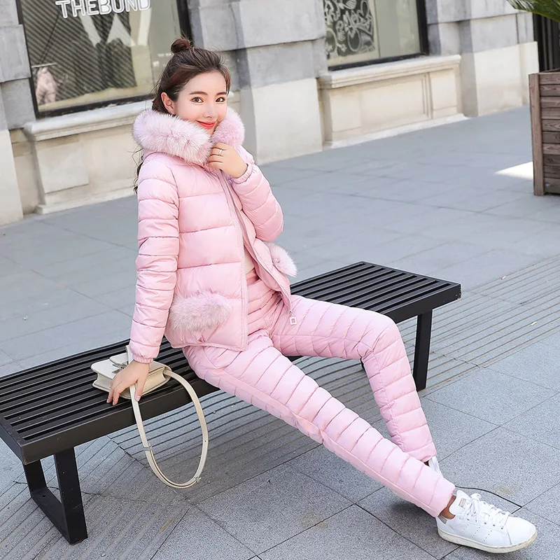 

Winter Coat Suit Women 2019 Autumn Winter Fur Collar Jackets Women Hooded Casual Slim Warm Set Cotton Coat Sets 1863