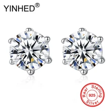 YINHED Настоящее стерлингового серебра 925 Серьги гвоздики для женщин 1 карат Круглый фианит свадебное ювелирное изделие серьги ZE072