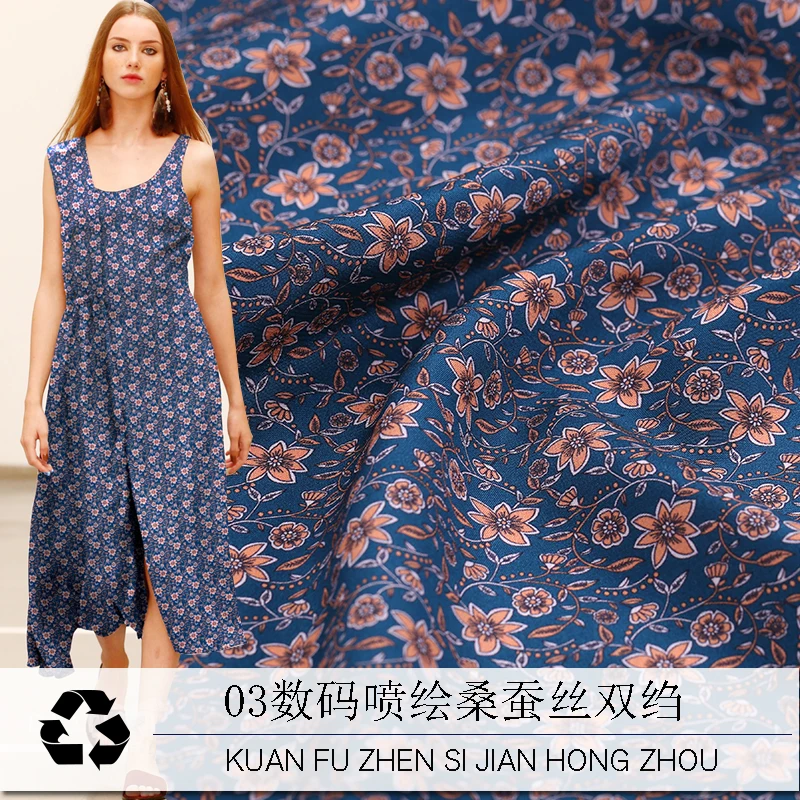 

Custom 16mm silk double crepe fabric blue print small flower digital printing silk double crepe cloth summer dress shirt fabric