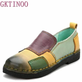 

Handmade vintage women's shoes genuine leather female moccasins loafers soft slip-resistant color block casual shoes flats