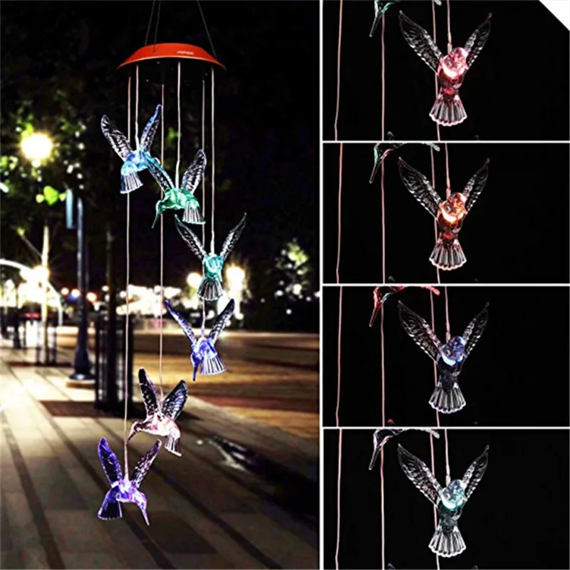 LED Multi color Changing Solar Mobiles Hummingbird Solar Wind Spinner Light