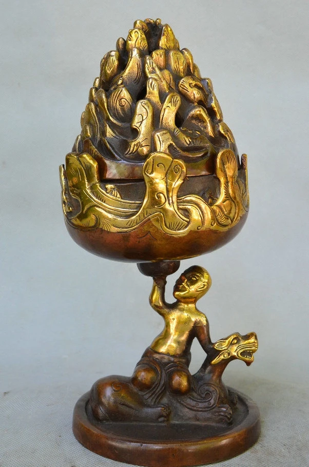 

11" China Bronze Gilt People Sit Beast lift Volcano Incense Burner Censer Statue