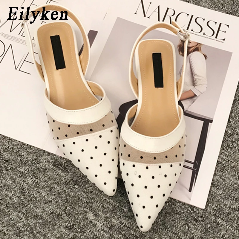 

Eilyken New 2019 Spring Summer Shoes Women Black White Mesh Stitching Dot Flat Sandals Female Pointed Toe Casual Shoes