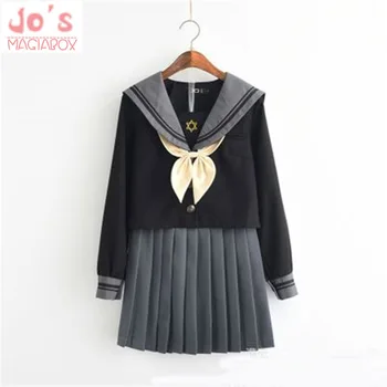 

Japanese Preppy Style Suit Young Girl Uniform Long Sleeve Crew Neck Single Breasted Tops And High Waist Mini Pleated Skirts