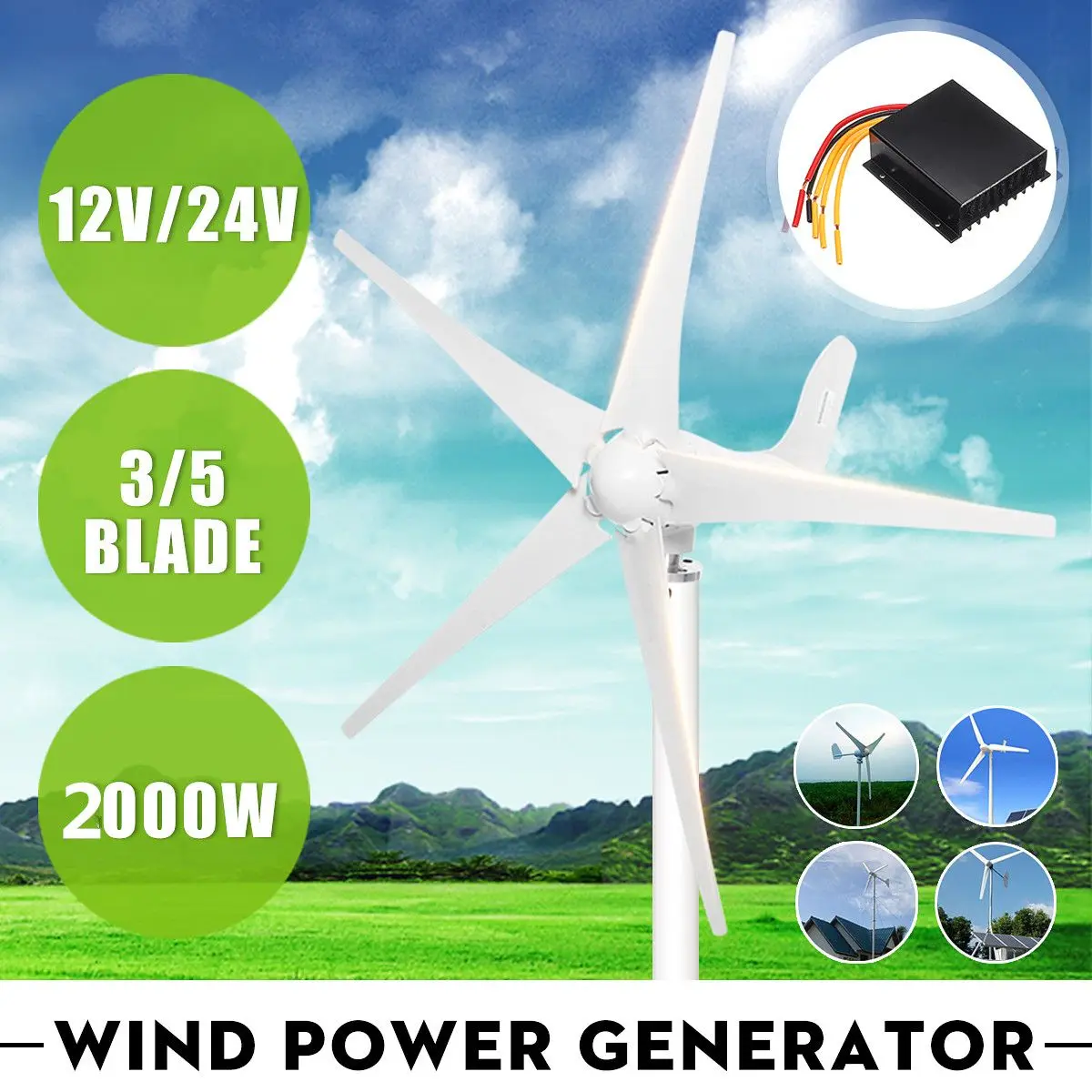 

2000W 12V 24V Wind Power Turbines Generator 3/5 Wind Blades Option With Waterproof Charge Controller Fit for Home Or Camping