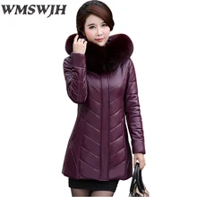 L-7XL женская зимняя куртка из искусственной кожи плюс размер Толстая теплая женская верхняя одежда высокого качества меховой воротник с капюшоном тонкая женская куртка