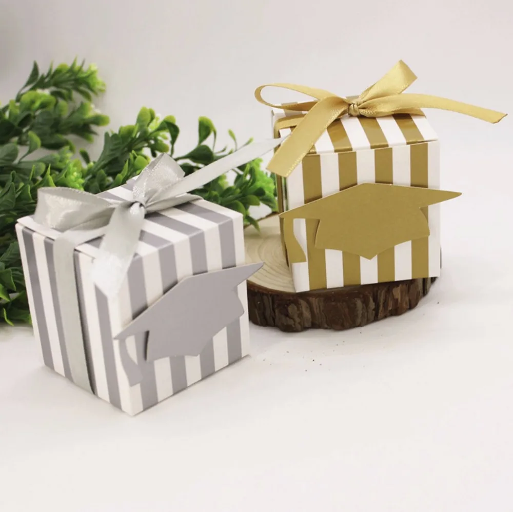 

100pcs Graduation ceremony congrats box graduation Souvenir gift box Packaging gold & silver stripes Graduation Cap candy box