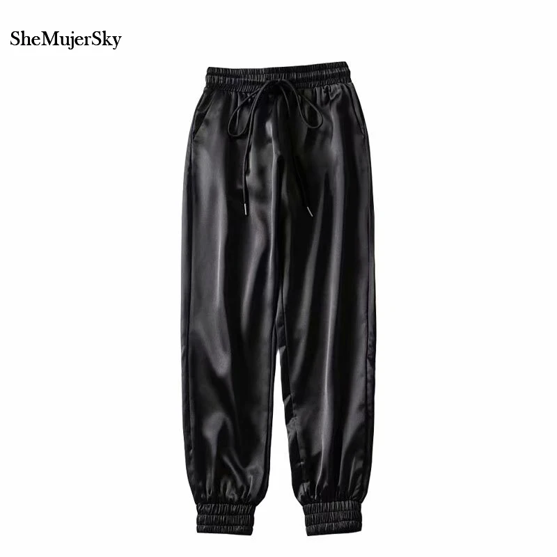 Женские атласные брюки SheMujerSky черные однотонные для бега уличная одежда 2019|Брюки