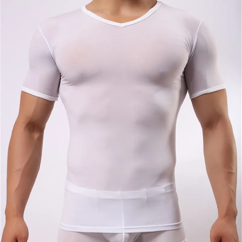 Мужская майка, мужские сексуальные шелковые прозрачные футболки, мужские сетчатые прозрачные майки с круглым вырезом и короткими рукавами, нижнее белье