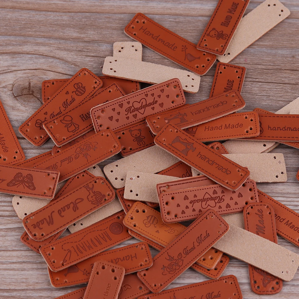 

10pcs handmade Brown PU leather garment embroidered square labels diy jeans jacket cloth craft apparel Garment accessories