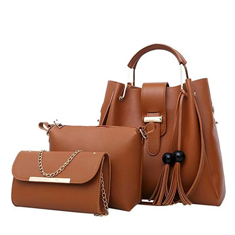 3Pcs/Set Bags For Women Handbag PU Leather Shoulder Bags Casual Tote Tassel Top Handle Designer Bag Composite Messenger Bag - Цвет: 2-LX3015brown