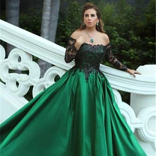 Черный-аппликации одежда с длинным рукавом с открытыми плечами Длинное Элегантное платье для выпускного вечера черно-зеленое, с длинным рукавом вечернее платье