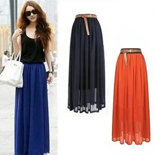 

2019 Women Double Layer Chiffon Pleated Casual Solid Straight One Size Fit Most Retro Long Maxi Elastic Waist Autumn Skirt