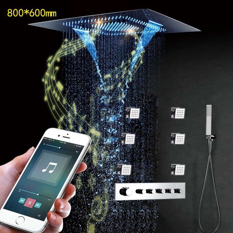 

Concealed Music Bathroom Shower LED Rainfall Shower Head 800*600mm Smart Thermostatic Showers Faucet Set Multifunction Waterfall