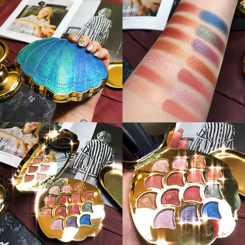 

DIKALU 14 Colors Mermaid Shell Eyeshadow Palette Shimmer Matte Metallic Pigmented Eye Shadow Powder Makeup Charming Natural Eyes