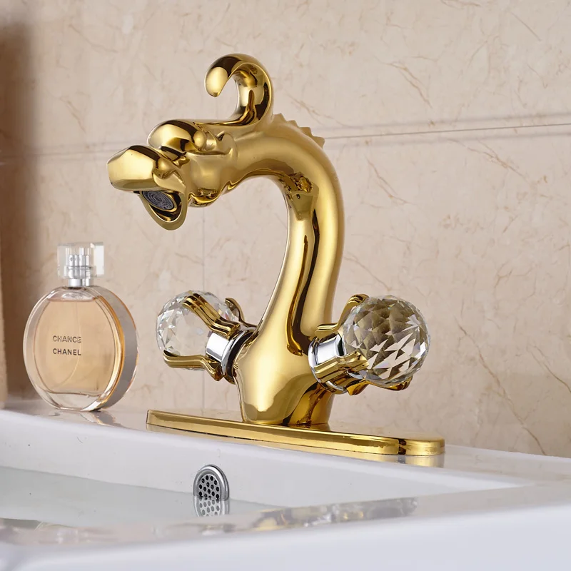 

Double Crystal Handle Countertop Sink Faucet for Bathroom with 8" Hole Cover Golden Deck Mount