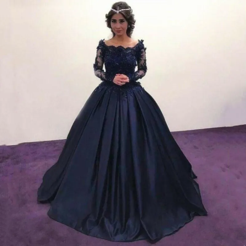 

Navy Blue Long Evening Dress 2019 Spring Long Sleeves Ball Gown Court Train Appliques Prom Dresses Formal Dress