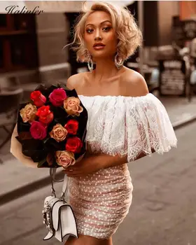 

Halinfer 2019 new summer women dress sexy bodycon slash neck lace bandage dress elegant celebrity party whith dresses vestidos