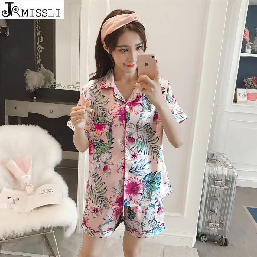 JRMISSLI Summer Women Silk Flower Print Pajamas Set Sexy Home Sleepwear Satin Pijama pyjamas