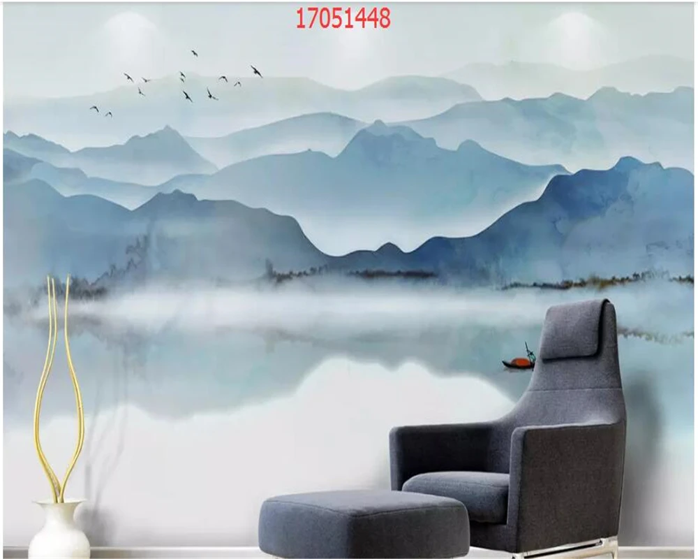 

beibehang Custom size new Chinese ink landscape bird living room cloud pine forest abstract blue TV background wall wallpaper