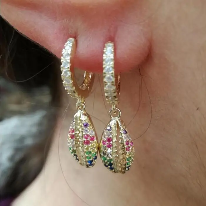 

2019 summer new arrived luxury jewelry Gold filled micro pave rainbow cubic zirconia sea shell dangle charm earring