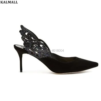 

KALMALL Fashion Lady Glitter Angel Wing Sandals Open Back High Heels Pointed Toe Carved Wings Pumps Party Shoes Women