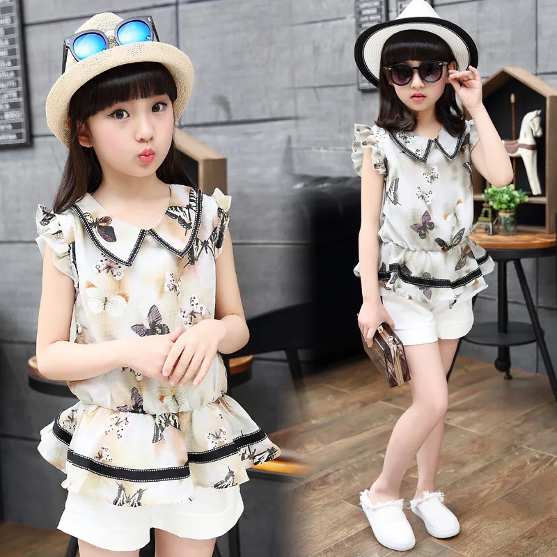 

Children's girls summer suit 2017 new baby girls floral sets clothing 4 - 14 years kids chiffon tops +shorts twinset brand