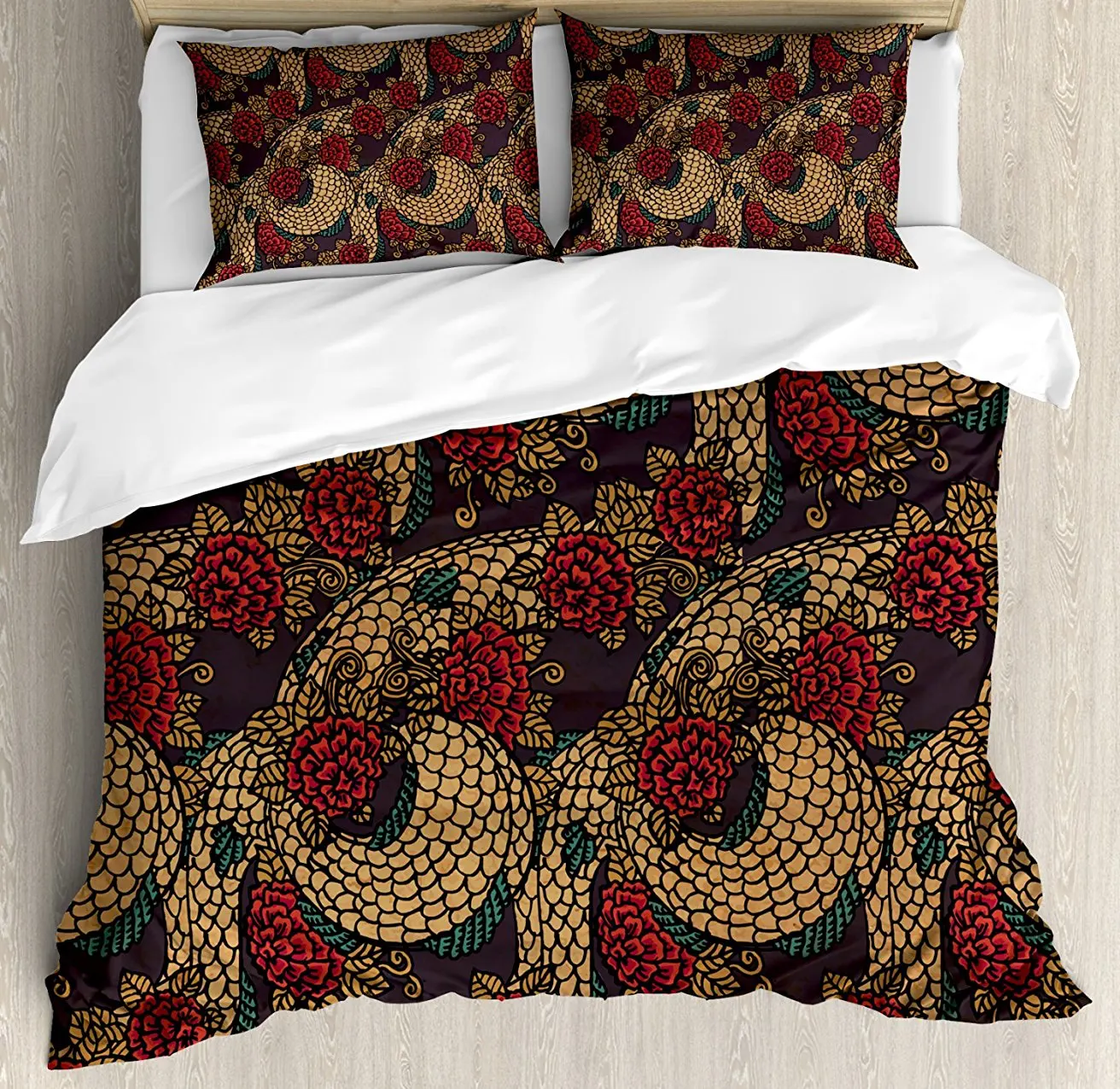 

Asian Duvet Cover Set , Traditional Ancient Design Roses and Dragon Eastern Chinese Pattern, 4 Piece Bedding Set