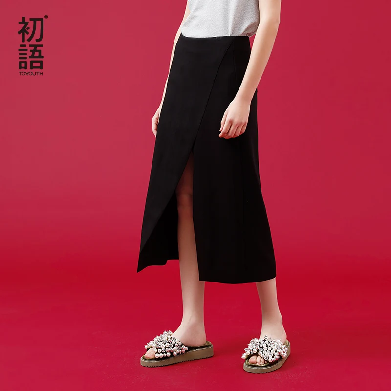 Toyouth Лето узкие элегантные Разделение юбка Mid Waisted Ankle Длина черный трапеция|Юбки| |