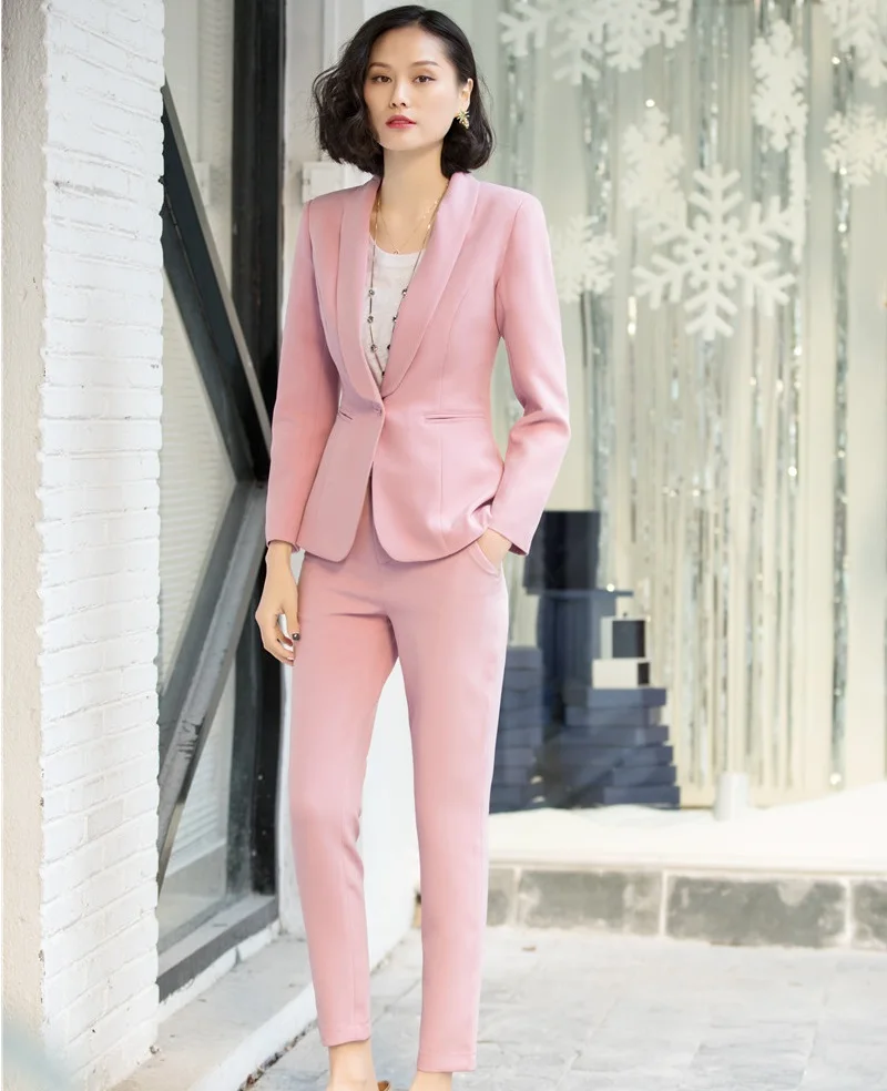 

2018 Fashion Casual Blazers Suits Pink Pantsuits With Jackets And Pants For Women Office Blazers Pants Suits Uniform Designs