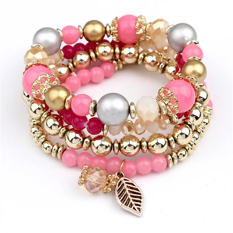LEMOER 4 шт./компл. дизайнерские модные Многослойные Кристалл бусины оставить браслеты с кисточкой и кольцеобразные браслеты ювелирные изделия для Для женщин подарок - Окраска металла: pink