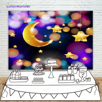 

Photography Backdrop Glitter Neon Gold Moon and Stars Baby Shower Background for Party Supplies Kids Photo Booth Vinyl Backdrop