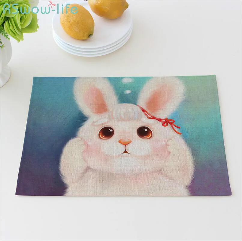 

Cute Cartoon Rabbit Penguin Placemat Cotton Linen Art Square Table Insulation Pad Family Kitchen Supplies