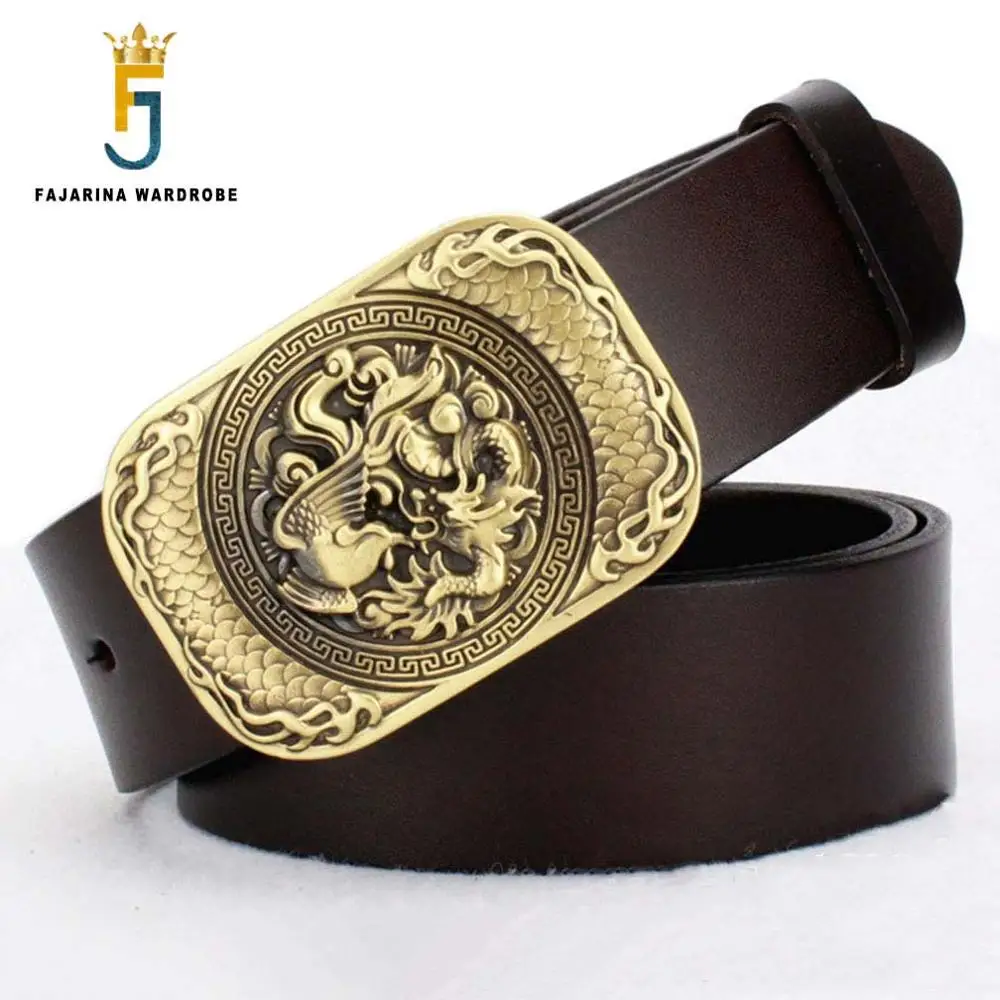 

Dragon Fish Pattern Unique Mens Real Pure Cowhide Genuine Leather Brand Brass Slide Buckle Metal Belts for Men Jean Strap NW0134