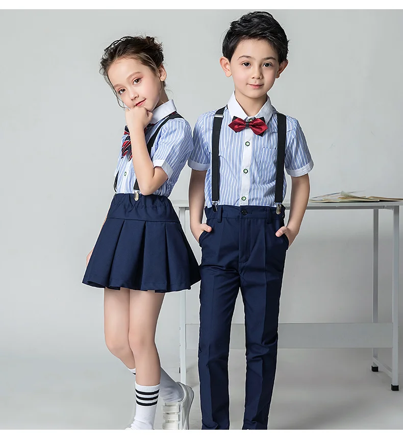 

Formal Boy Birthday School Uniform Children Suit Boys Blue Long Pants Blue Striped Shirt Girl Summer Skirt Shirts Set w/ Bowtie
