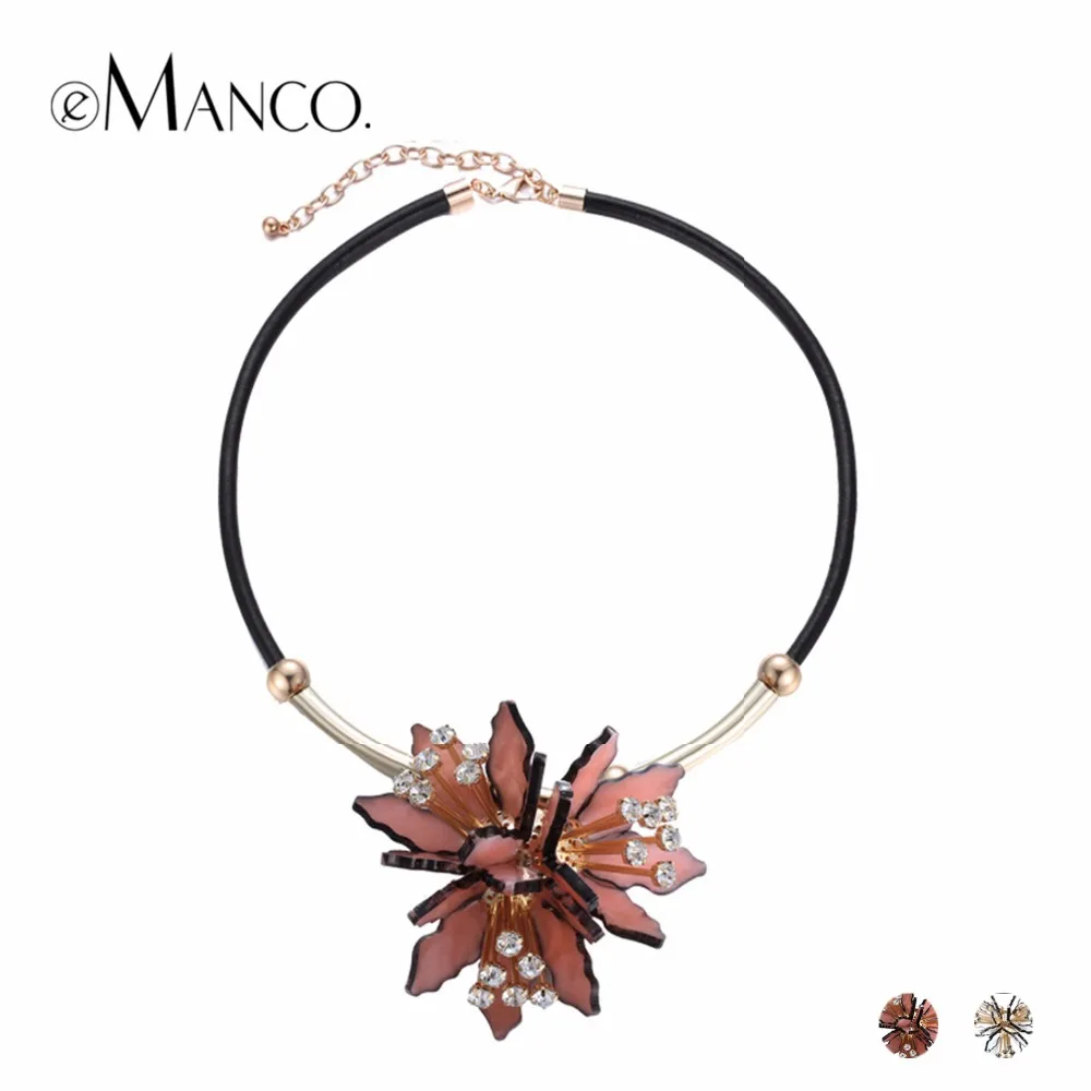 

eManco Trendy Acrylic Flower Statement Pendants Necklaces Women PU Leather Rhinestone Top Brand Chain Collar Necklace Jewelry