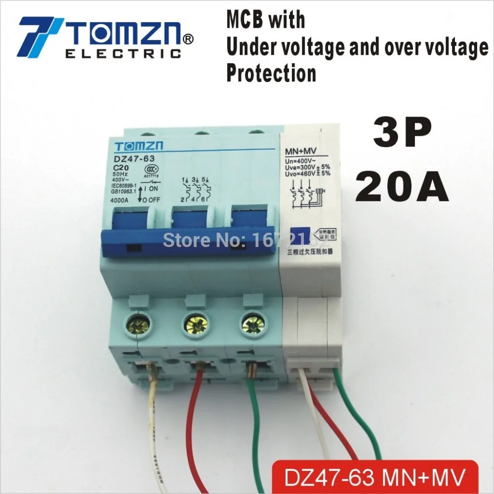 

3P 20A 400V~ 50HZ/60HZ MCB with over voltage and under voltage protection Mini Circuit breaker C45 C type