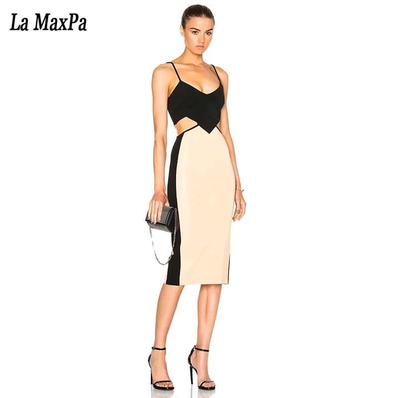 

2017 Fashion Summer Runway Dress Contrast Color Backless Hollow Out V Neck Bandage Dress Clubwear Women Party Dress Vestidos