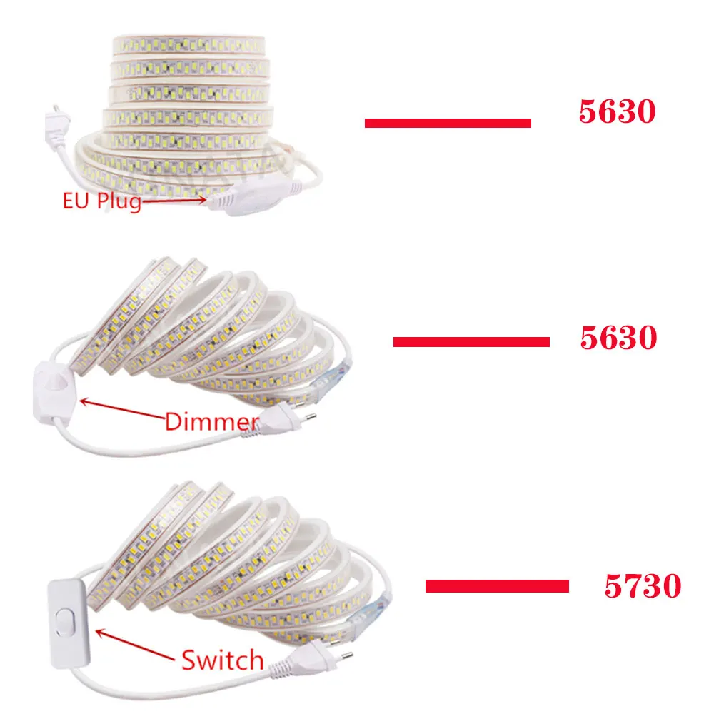 AC220V светодиодный светильник SMD 5630 5730 Светодиодная лента Гибкая Водонепроницаемая светодиодная лента 180 светодиодный светильник s/m+ ЕС диммер/переключатель/вилка