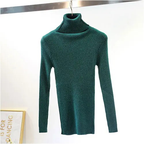Блестящий женский зимний свитер, блестящая Осенняя водолазка, пуловеры, женские свитера, базовый женский черный вязаный свитер с длинным рукавом - Цвет: Зеленый