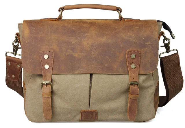 TIDING Leather Canvas Messenger Bag For Men Long Strap Crossbody Laptop Bag Magnetic Buckle ...