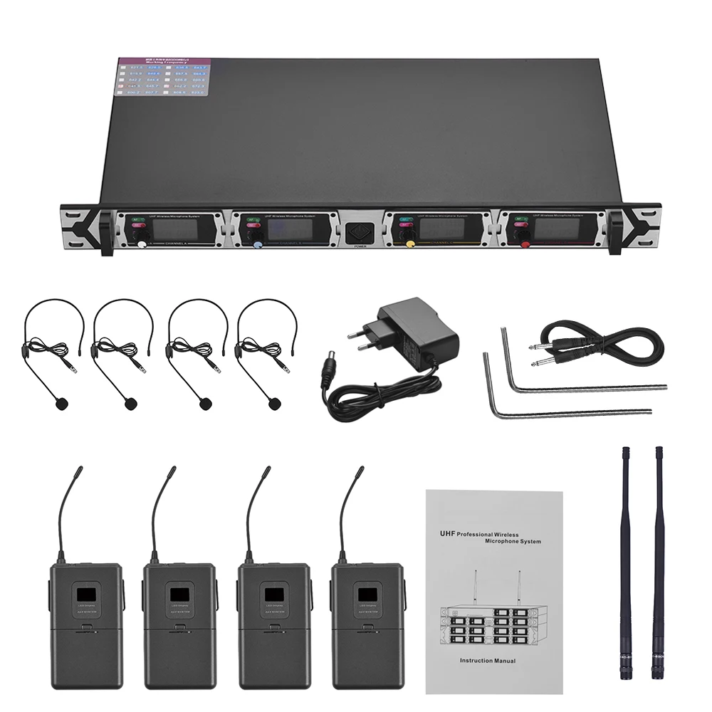 Muslady D4-2 Профессиональный 4-канал частоты UHF Беспроводной микрофон Системы включает в себя 4 микрофоны для гарнитуры с поясной передатчики