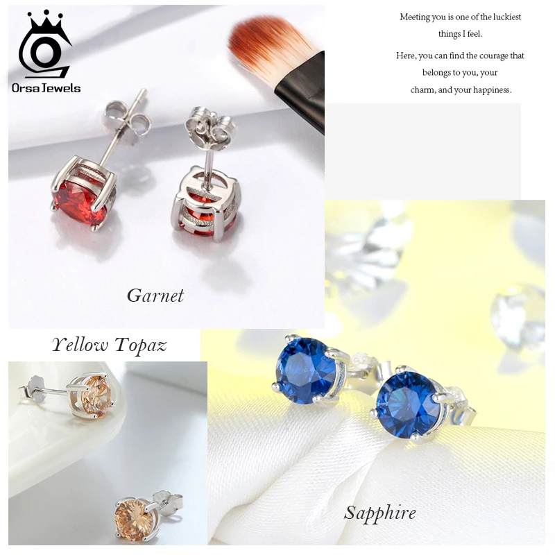 ORSA JEWELS 925 Sterling Silver Birthstone Earrings For Women AAA Cubic Zircon 14 Colors Stud Earring Fine Silver Jewelry OSE84 - Image 3
