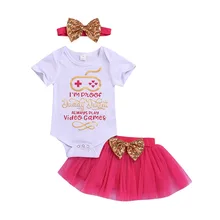 Summer Baby Girl Casual Set Short Sleeve Letter Print Sequins Romper Tops Mesh Skirt And Bowknot Headband Outfits цена Summer Baby Girl Casual Set Short Sleeve Letter Print Sequins Romper Tops Mesh Skirt And Bowknot Headband Outfits цены онлайн