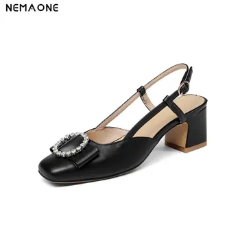 

NEMAONE New women sandals thick high heels shoes square toe crystal summer shoes genuine leather sandals woman