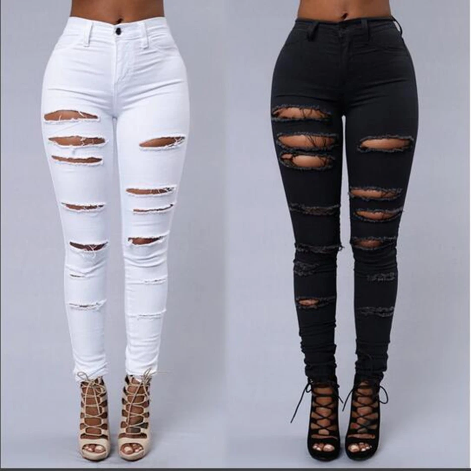Pantalones vaqueros ajustados para mujer, Vaqueros rasgados elásticos con agujeros rotos en rodilla, informales, color blanco y negro, novedad de 2018|skinny jeans womanstretched ripped jeans - AliExpress
